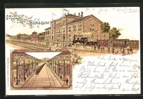 Lithographie Börssum, Bahnhof mit Eisenbahn, Mehrfachansicht