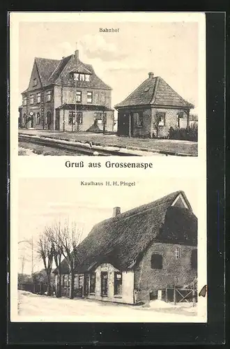 AK Grossenaspe, Bahnhof, Kaufhaus H. H. Pingel