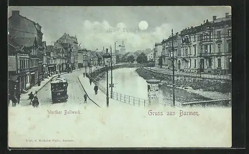 Mondschein-AK Barmen, Strasse Werther Bollwerk mit Strassenbahn und Litfasssäule