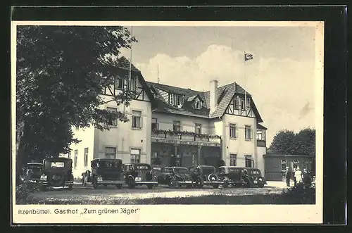 AK Itzenbüttel, Gasthof Zum grünen Jäger v. Alfred Keller mit Automobilen