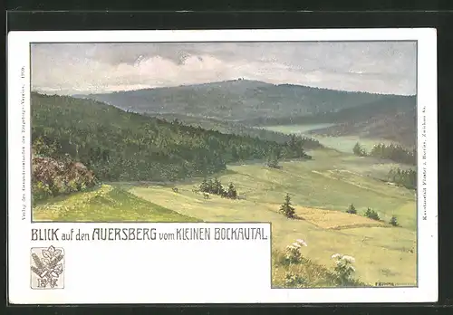 Künstler-AK Eibenstock, Blick auf den Auersberg vom Kleinen Bockautal gesehen