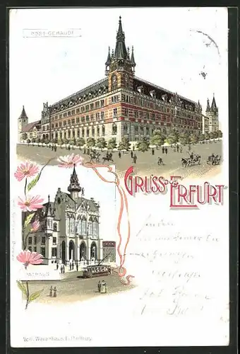 Lithographie Erfurt, Rathaus mit Strassenbahn, Postgebäude mit Passanten