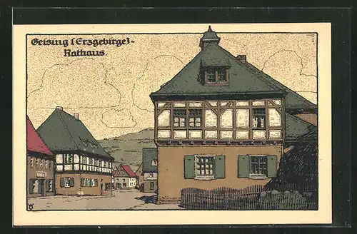 Steindruck-AK Geising / Erzgebirge, Rathaus