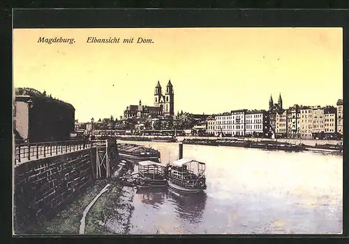 AK Magdeburg, Elbansicht mit Dom und Dampfer im Dämmerungslicht