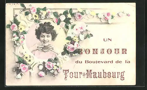 AK Paris, Tour-Maubourg, Frauenportrait und Blumen