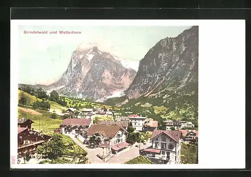 AK Grindelwald, Ortsansicht mit Wetterhorn im Sonnenschein