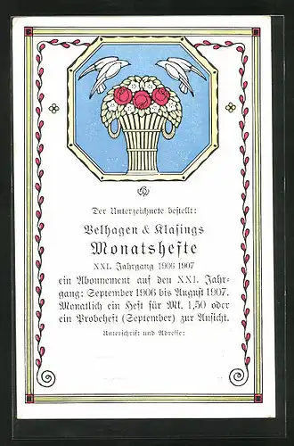 AK Monatshefte Velhagen & Klasings, Jahrgang 1906 /1907, weisse Tauben an einem Blumenbukett