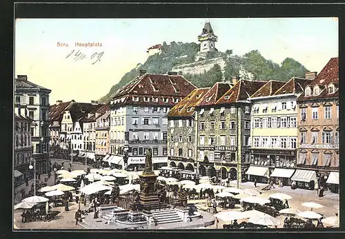 AK Graz, Hauptplatz an einem Markttag
