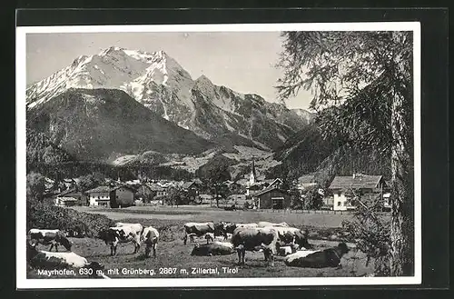 AK Mayrhofen, Ortspanorama mit Grünberg