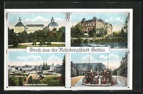 AK Gotha, Residenzschloss, Orangerie & Ministerium, Wasserkünste am Schlossberg