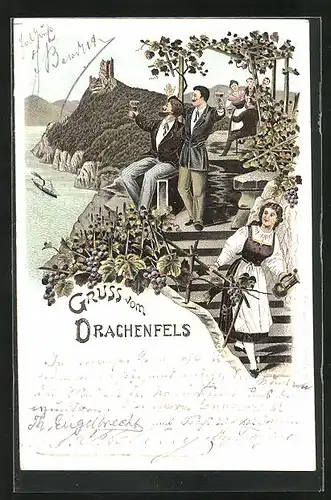 Lithographie Drachenfels, Feiernde Gäste beim Trinken von Wein, Blick zur Burgruine