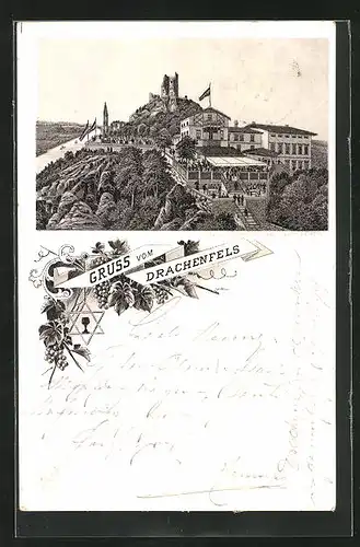 Vorläufer-Lithographie Drachenfels, 1895, Passanten an der Wirtschaft, Blick zur Burgruine