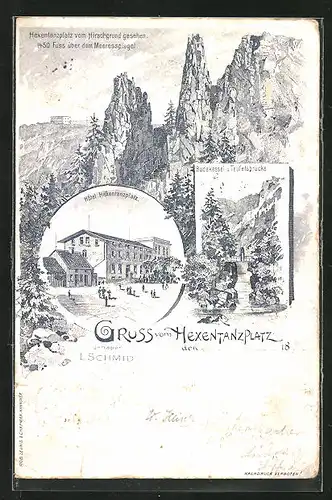 Lithographie Thale, der Hexentanzplatz vom Hirschgrund aus, am Hotel, der Bodekessel