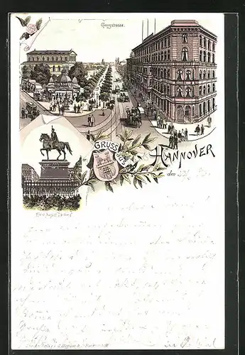 Lithographie Hannover, Ernst August Denkmal, Strassenbahn auf der Georgstrasse