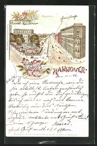 Lithographie Hannover, Blick in die Georgstrasse, Strassenbahn unterwegs