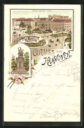 Vorläufer-Lithographie Hannover, 1894, Blick auf den Ernst-August-Platz und das Denkmal