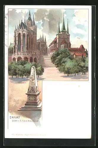 Lithographie Erfurt, Denkmal auf dem Platz vor dem Dom und der Severikirche