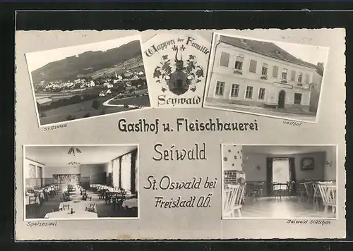 AK St. Oswald, Ortstotale, Gasthof und Fleischhauerei Seiwald, im Stübchen