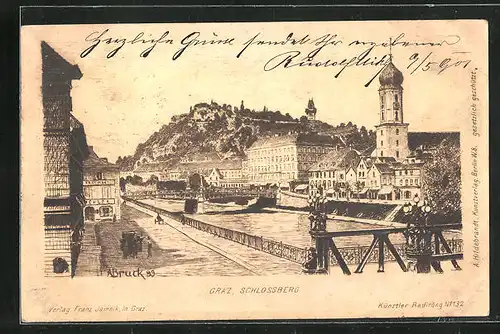 Künstler-AK Graz, Partie am Schlossberg, an den Brücken