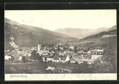 AK Mürzzuschlag, Generalansicht, Blick zur Kirche im Ort