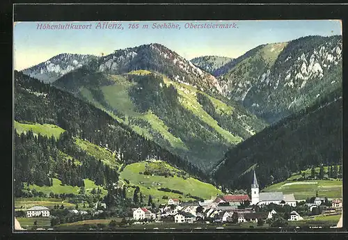 AK Aflenz, Ortsansicht mit Kirche gegen die Berge