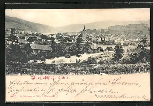 AK Mürzzuschlag in der Steiermark, Blick über die Brücke auf den gesamten Ort