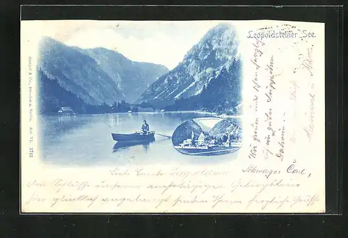 AK Eisenerz, Ruderboot auf dem Leopoldsteiner See, Blick zum Schloss Leopoldstein