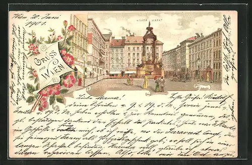 Lithographie Wien, Hoher Markt, Passanten am Denkmal, Blumenschmuck