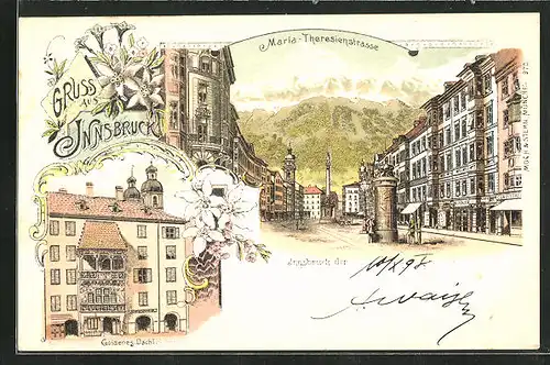 Lithographie Innsbruck, Goldeneg Dachl, Maria-Theresienstrasse