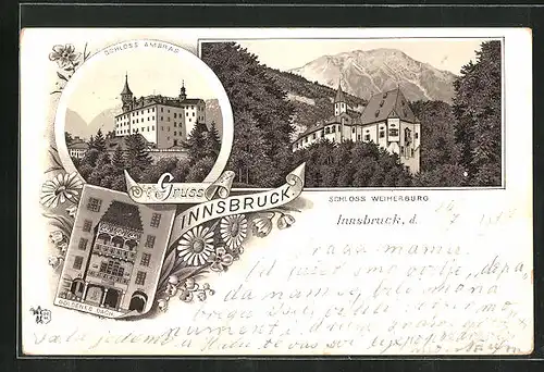 Lithographie Innsbruck, das Schloss Ambras, das Schloss Weiherburg