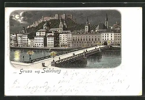 Lithographie Salzburg, Partie an der Brücke, Blick zum Schloss