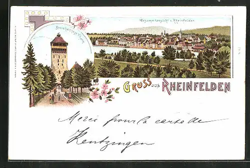 Lithographie Rheinfelden, Gesamtansicht, am Storchennest Turm