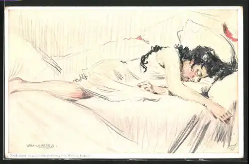 Künstler-AK sign.: Wera v. Bartels, Frau liegt schlafend auf dem Bett