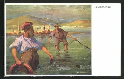 Künstler-AK sign.: J. Piotrowski, Männer fischen am Ufer