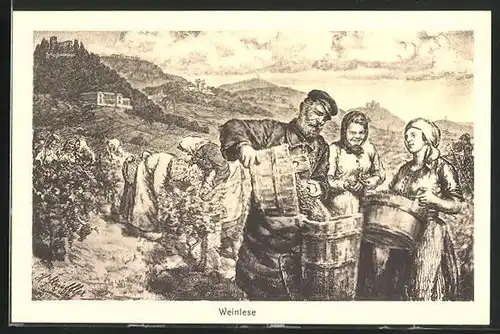 Künstler-AK sign.: Strieffler, Bauern bei der Weinlese