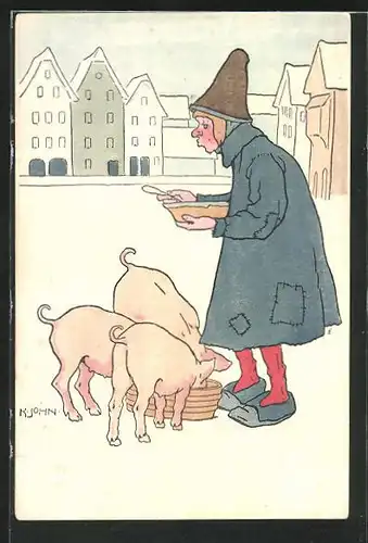 Künstler-AK sign.: K. John, Mann füttert Schweine in der Stadt