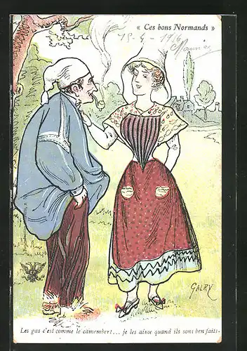 Künstler-AK sign.: Galry, Ces bons Normands, Frau und Mann auf der Wiese