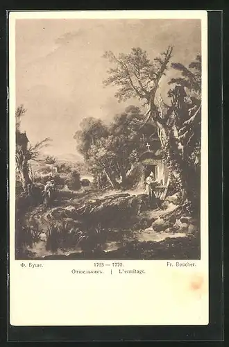 AK Fr. Boucher, Rotes Kreuz Russland, L`Ermitage, vor einer Hütte am Wald