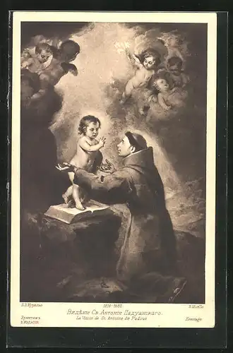 AK B. Murillo, La Vision de St. Antoine de Padoue, Mönch mit Engeln, Rotes Kreuz Russland