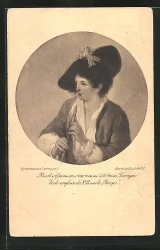 Künstler-AK Ecole Anglaise du XVIII siecle Berger, Frau mit Flöte und Hut, Rotes Kreuz Russland
