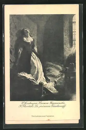 Künstler-AK K. Flavitski La Princesse Tarakanoff, Frau steht auf ihrem Bett, Rotes Kreuz Russland