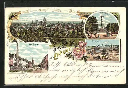 Lithographie Erfurt, Panorama, Bahnhof, Strasse Anger & Kriegerdenkmal