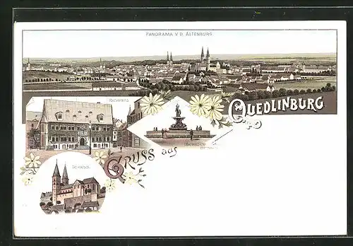 Lithographie Quedlinburg, Panorama v.d. Altenburg, Schloss und Rathaus