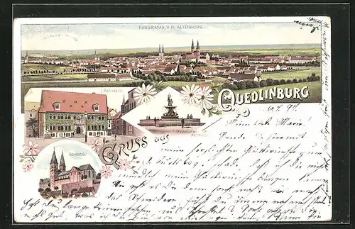 Lithographie Quedlinburg, Panorama v.d. Altenburg, Rathaus und Schloss