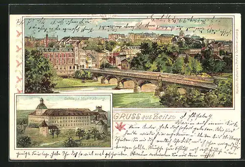 Lithographie Zeitz, Panorama und Schloss Moritzburg
