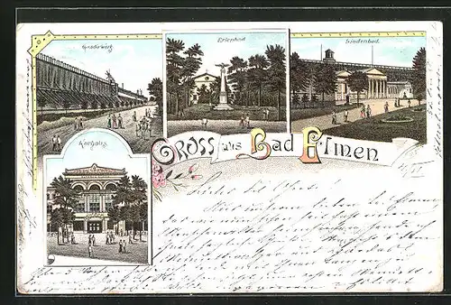 Lithographie Bad Elmen, Erlenbad, Lindenbad und Kurhaus