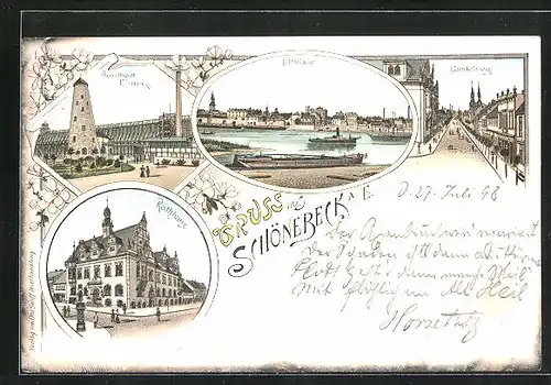 Lithographie Schönebeck a. E., Soolbad Elmen, Breiteweg und Rathaus