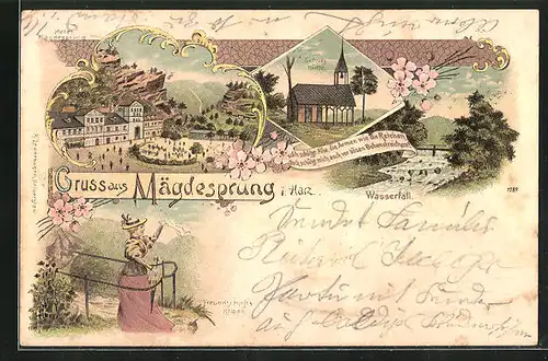 Lithographie Mägdesprung, Schutzhütte, Wasserfall und Hotel