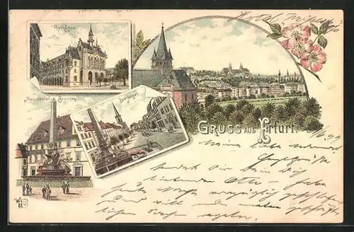 Lithographie Erfurt, Gesamtansicht, Rathaus und Strasse Anger