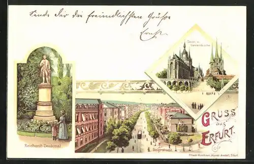 Lithographie Erfurt, Reichardt-Denkmal, Steigerstrasse & Dom mit Severikirche